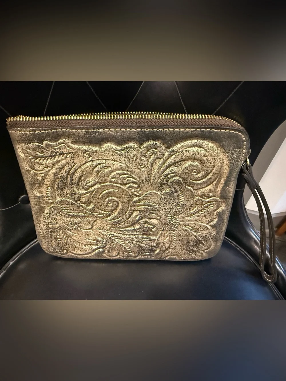 Gold Embossed Leather Wristlet Clutch